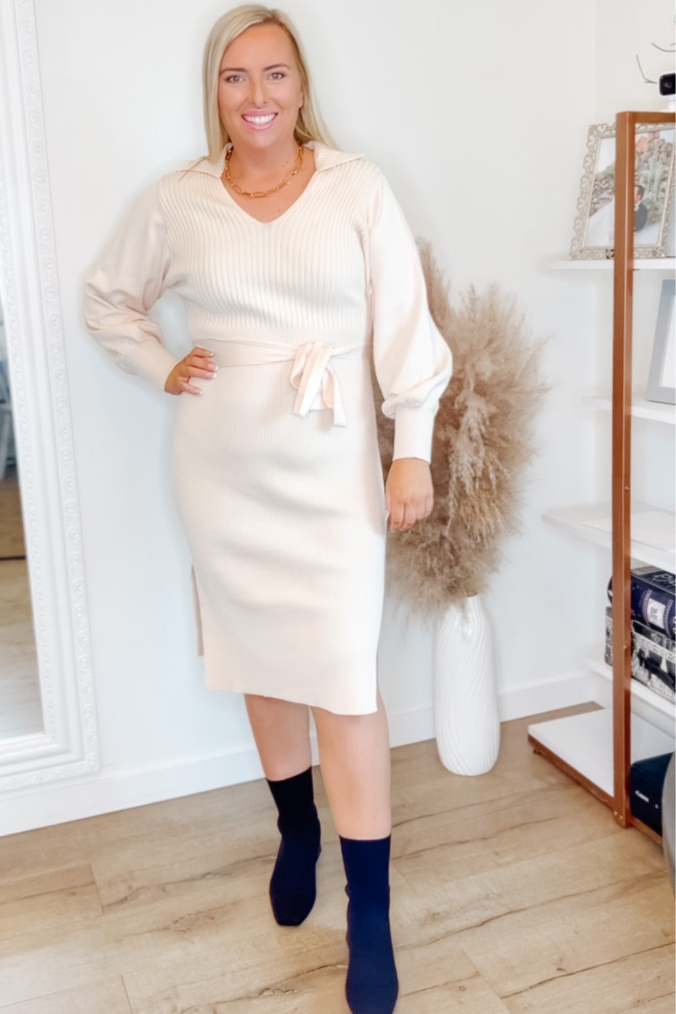 Midsize dress. 
Sweater dress. 
Amazon dress. 
Midsize Amazon dress. 
Fall dress. 
Cozy fall dress. 
Black booties. 
Sock booties. 
Paper clip necklace  

#LTKstyletip #LTKmidsize #LTKfindsunder100