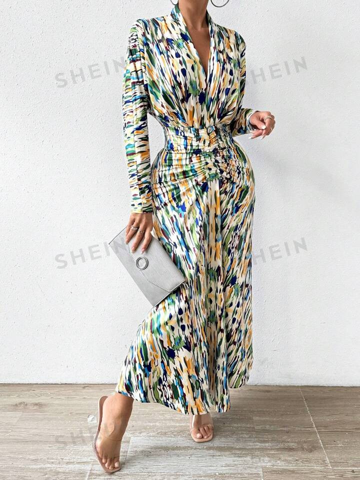 SHEIN Privé Allover Print Batwing Sleeve Ruched Asymmetrical Hem Dress | SHEIN
