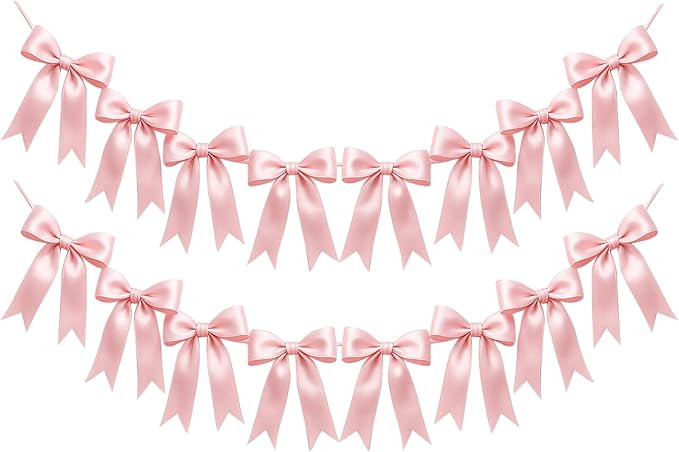 2 Strings of 16PCS Pink Bow Garlands Banner Decoration,Pre-Strung Satin Ribbon Ornaments for Birt... | Amazon (US)