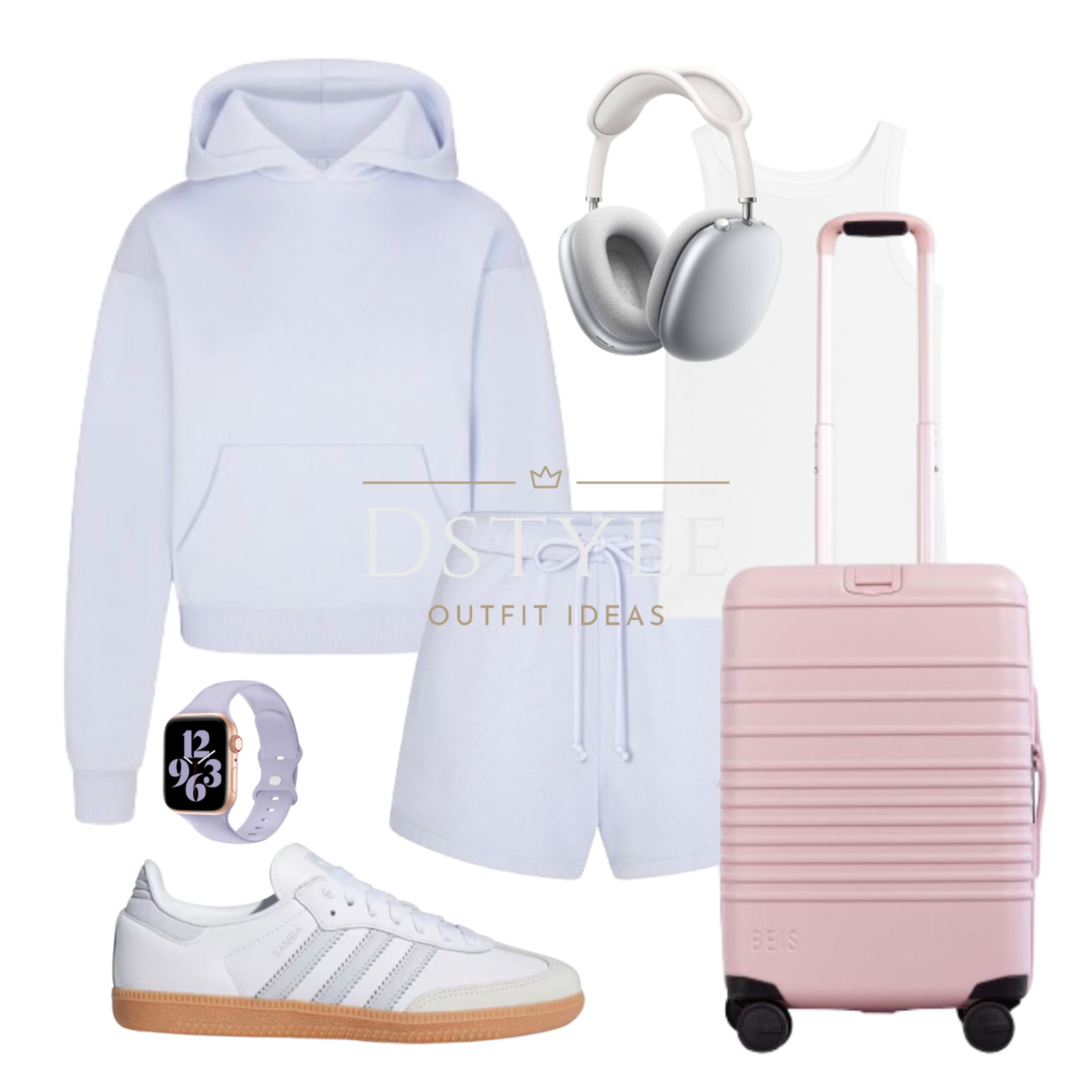 Classic hoodie, matching soft fleece lounge shorts, white ribbed top, Adidas Samba in matching colors, BÉIS pink carry-on roller, laid-back look, travel in style, travel outfit

#LTKstyletip #LTKActive #LTKtravel