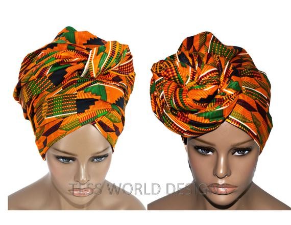 African Head wraps/ Orange Traditional Kente Print headwraps / African hair accessory/ African Fa... | Etsy (US)