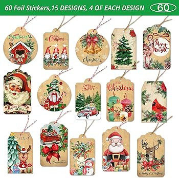 Christmas Gift Tags 60 Count with Untied String 15 Assorted Foil, Printed Designs for DIY Xmas Pr... | Amazon (US)