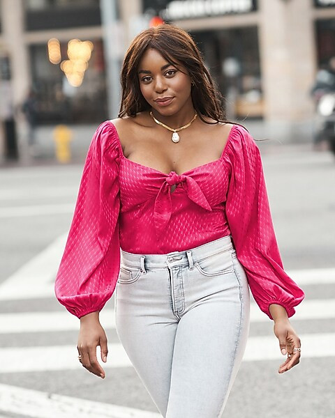 Satin Jacquard Tie Front Thong Bodysuit | Express