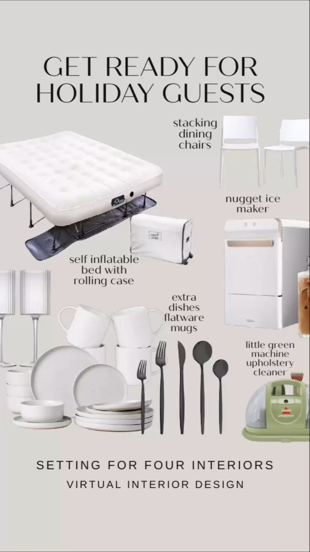 Get ready for holiday guests! Everything you need for hosting and entertaining friends and family for Thanksgiving and Christmas - stacking chairs that are easy to store, comfortable air mattress that easily inflates and packs up, countertop nugget ice maker, extra dinnerware, dining chairs on castor wheels and glassware.

Little green machine, stackable chairs, nugget ice maker, kitchen, upholstery cleaner, Flatware, towels, organic modern, transitional, classic, Christmas, guest bedroom

#LTKHoliday #LTKHome #LTKSaleAlert
