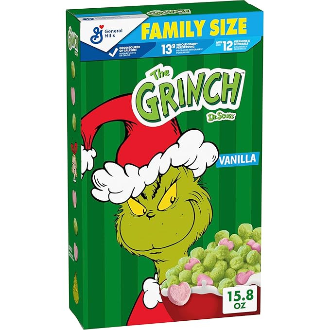 The Grinch Cereal, Sweetened Vanilla Corn Puffs with Marshmallows, Family Size, 15.8 oz | Amazon (US)