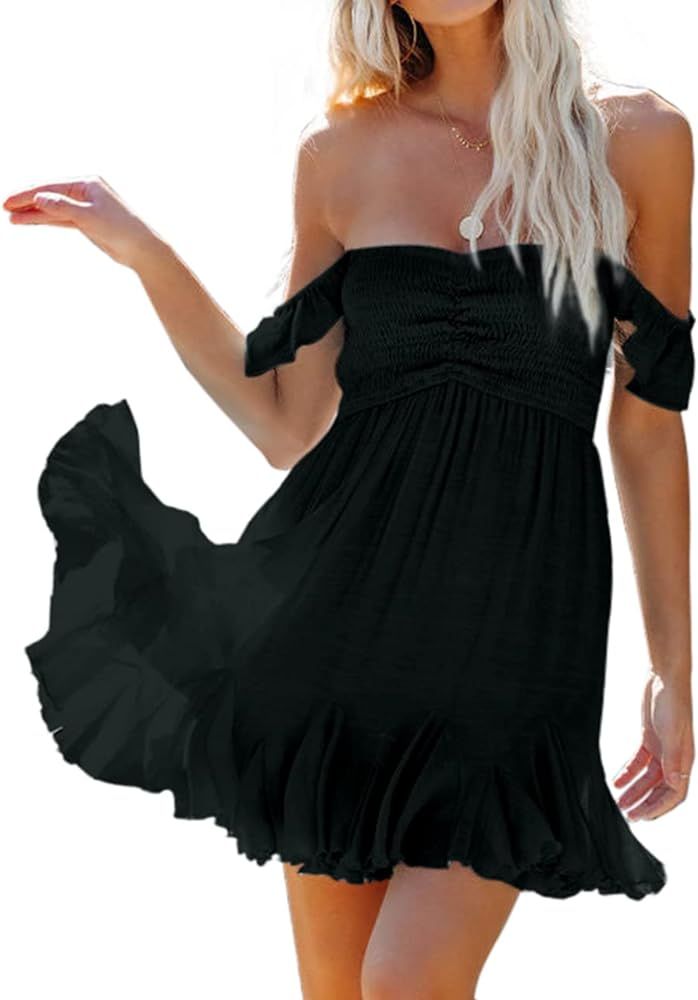 Womens Off Shoulder Mini Dress Sweetheart Neck Smocked Elastic Straps Ruffle Hem Flowy Swing Shor... | Amazon (US)