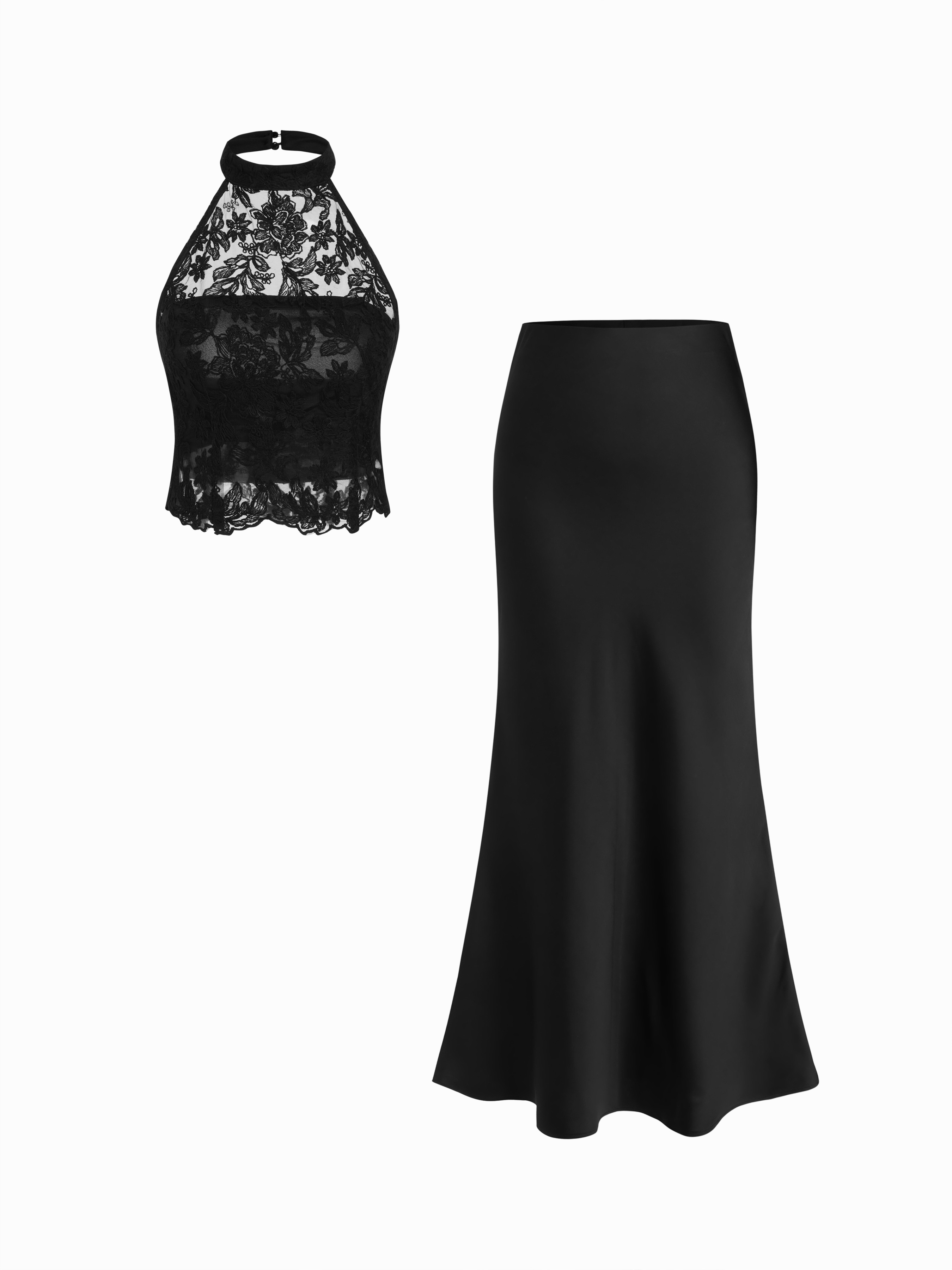 Cotton-blend Lace Halter Crop Top & Low Rise Mermaid Maxi Skirt Set | Cider