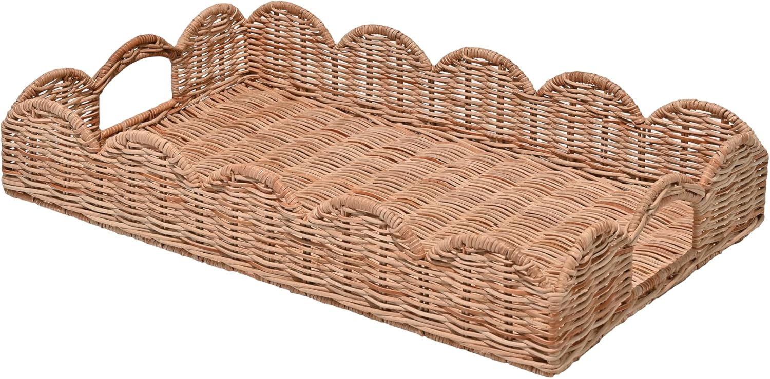 happimess TRY1000B Scalloped 21.5" Southwestern Cottage Hand-Woven Rattan Tray with Handles for S... | Amazon (US)