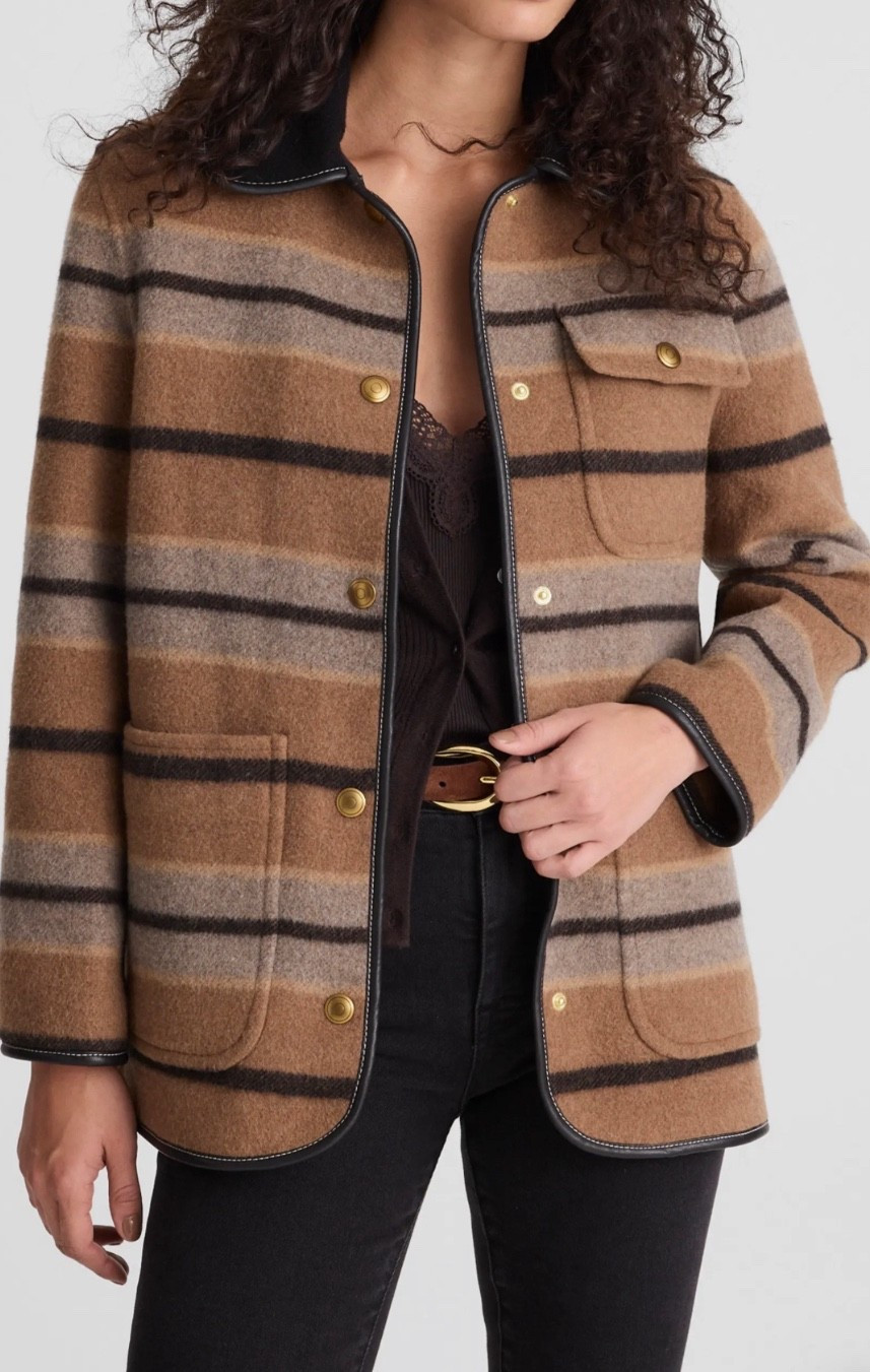 Stripe jacket 
Black jeans 

#LTKSeasonal #LTKOver40 #LTKFindsUnder100