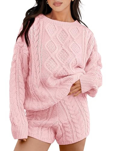 ANRABESS Women 2 Piece Outfits Sweater Lounge Loungewear Sets 2025 Winter Cable Knit Oversized Sweaters Shorts Matching Sets Pink Small | Amazon (US)