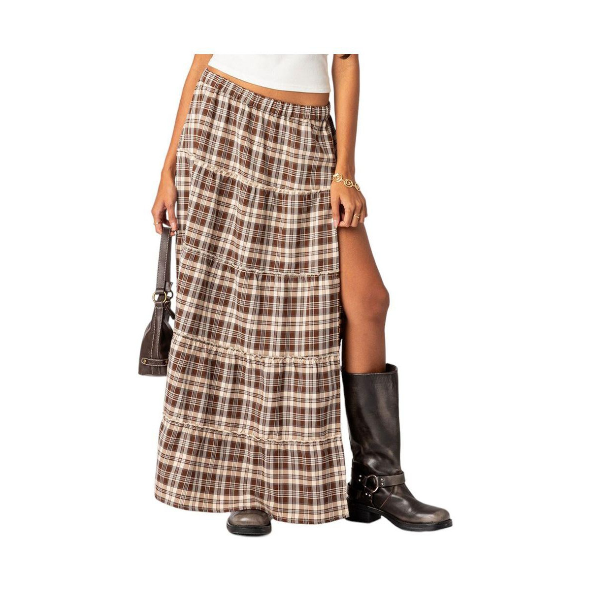 Women's Plaid side slit tiered maxi skirt - Brown | Macy's