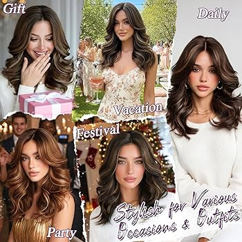 BARSDAR Short Wavy Ash Brown Highlight Wig - Shoulder Length Wavy Wigs for Women - Short Layererd... | Amazon (US)