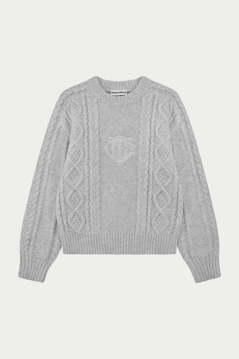 CABLE KNIT EMBROIDERED EMBLEM JUMPER - GREY MARL | The Couture Club