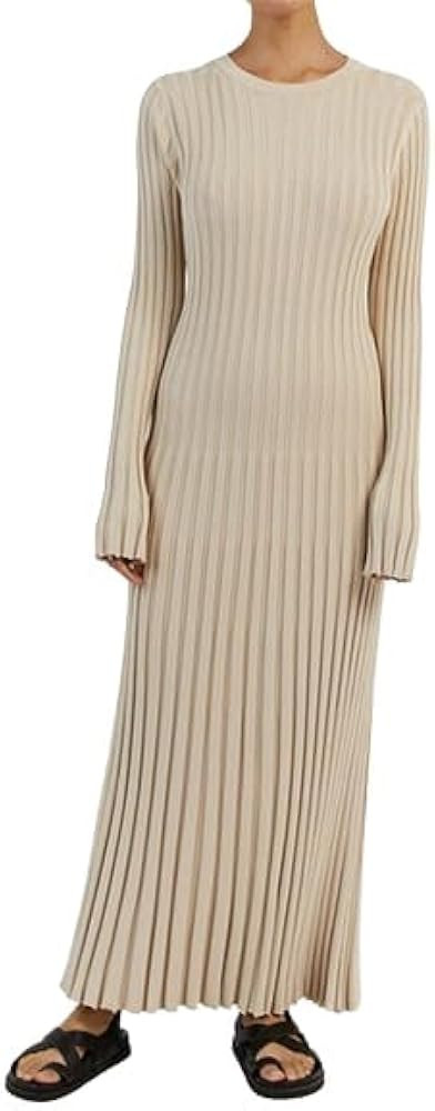 Womens Long Sleeve Fall Knit Maxi Dress Crewneck Slim Fit Solid Color Ribbed Bodycon Pleated Long... | Amazon (US)