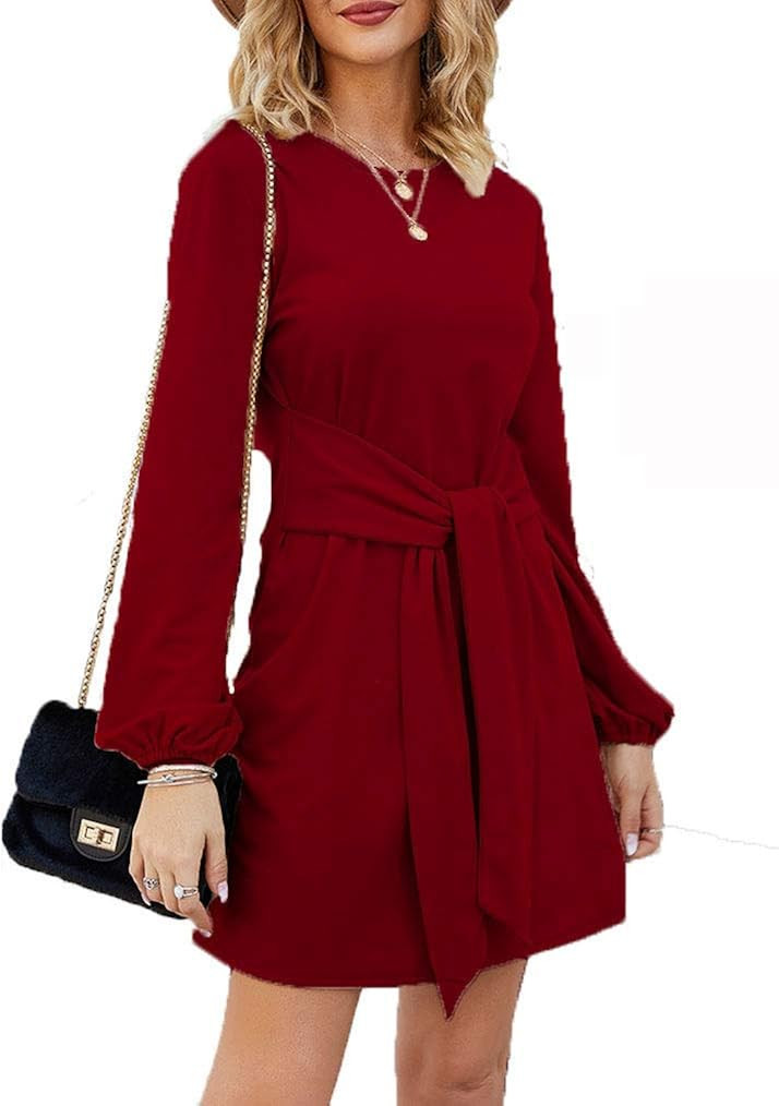 Tobrief Women's Autumn Winter Long Lantern Sleeve Knitted Bodycon Tie Waist Pencil Sweater Dress | Amazon (US)