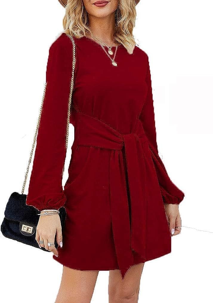 Tobrief Women's Autumn Winter Long Lantern Sleeve Knitted Bodycon Tie Waist Pencil Sweater Dress | Amazon (US)
