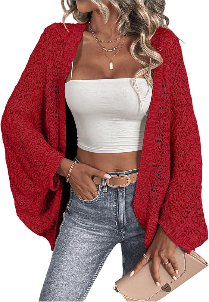 SHENHE Women's Open Front Loose Hollow Out Casual Dolman Sleeve Asymmetrical Cardigan Sweater Spr... | Amazon (US)