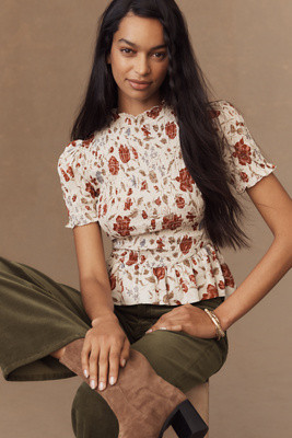 Reformation Aggie Puff-Sleeve Smocked Peplum Top | Anthropologie (US)