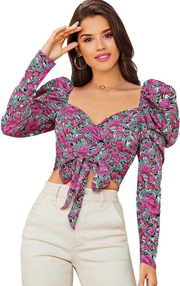 SOLY HUX Women's Floral Print Tie Front Long Bishop Sleeve Crop Top Blouse | Amazon (US)