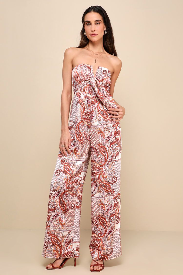 Aesthetic Perfection Ivory Paisley Tie-Front Strapless Jumpsuit | Lulus
