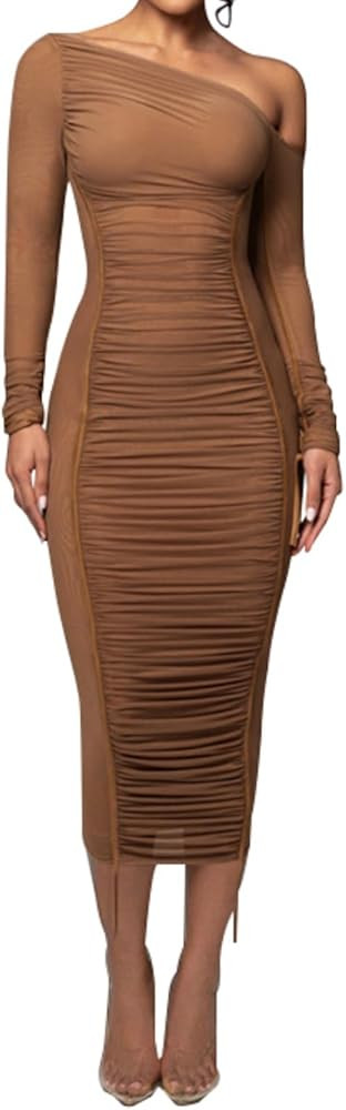 Sexy Bodycon Maxi Dress for Women Sheer Long Sleeve Off The Shoulder Party Club Ruched Mesh Dress... | Amazon (US)