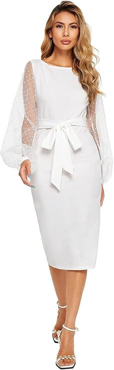 SheIn Women's Elegant Mesh Contrast Bishop Sleeve Bodycon Pencil Dress | Amazon (US)