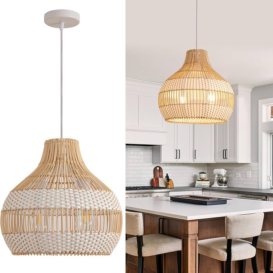 14.56" Rattan Pendant Light Fixture,2-Light Hand-Woven White Wicker Basket Chandelier 1-Pack Boho... | Amazon (US)