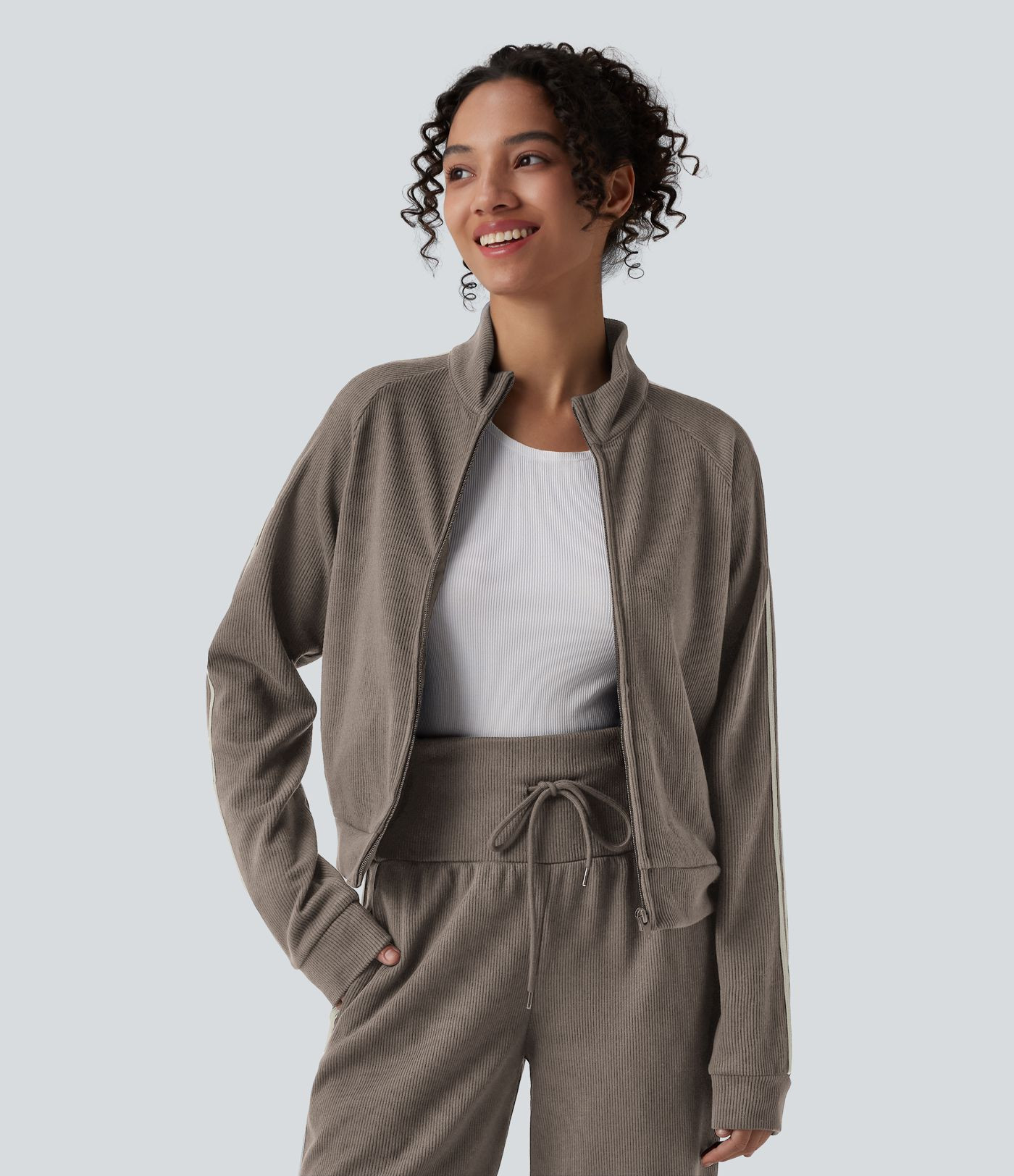 Women’s Ribbed Stand Collar Long Sleeve Zipper Color Block Casual Jacket with Pockets - Halara | Halara UK