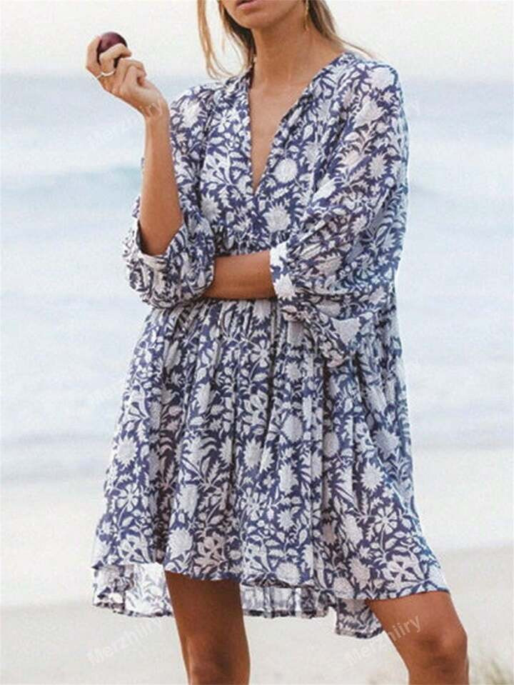 Allover Print Lantern Sleeve Smock Dress | SHEIN USA | SHEIN