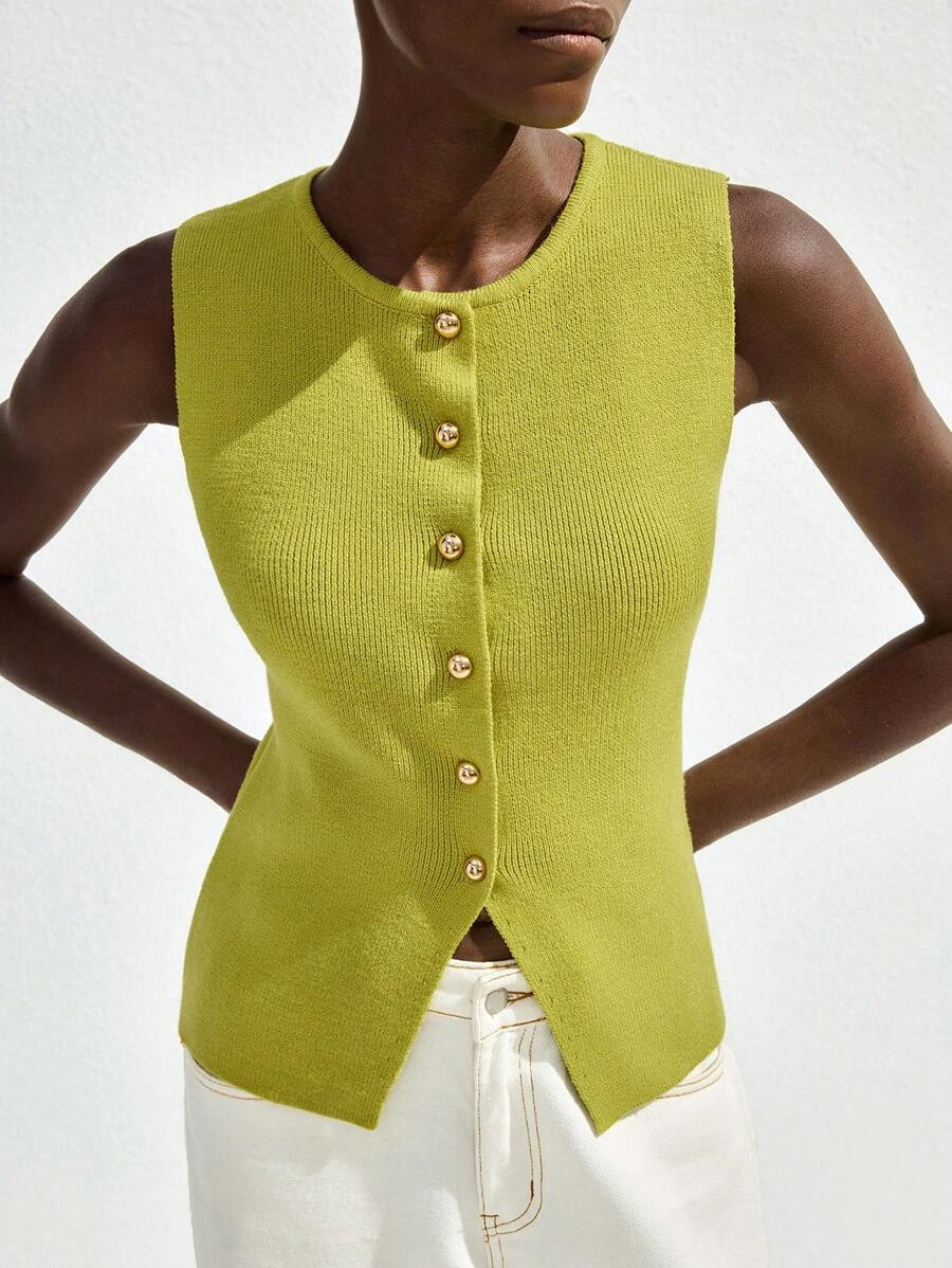 Maija Women's Elegent Lime Green Knit Top,Sleeveless Front Button Casual Summer Solid Color Party... | SHEIN