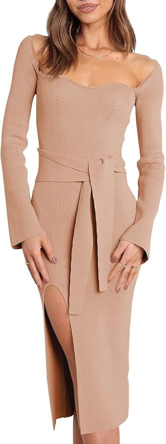 ANRABESS Women 2024 Fall Long Sleeve Bodycon Sweater Dress Sweetheart Neck Slim Fit Tie Waist Cut... | Amazon (US)