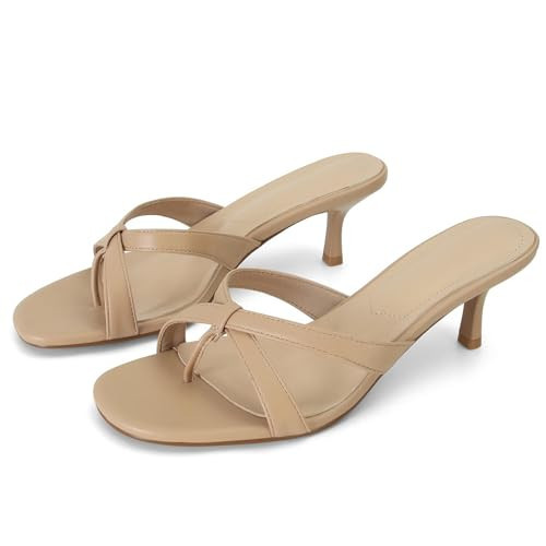Dsevht Nude Kitten Heel Sandals for Women Strappy Heels Flip Flop Thong Mule Slides Round Open Toe Low Heeled Sandal Summer Party Beach Dress Shoes | Amazon (US)