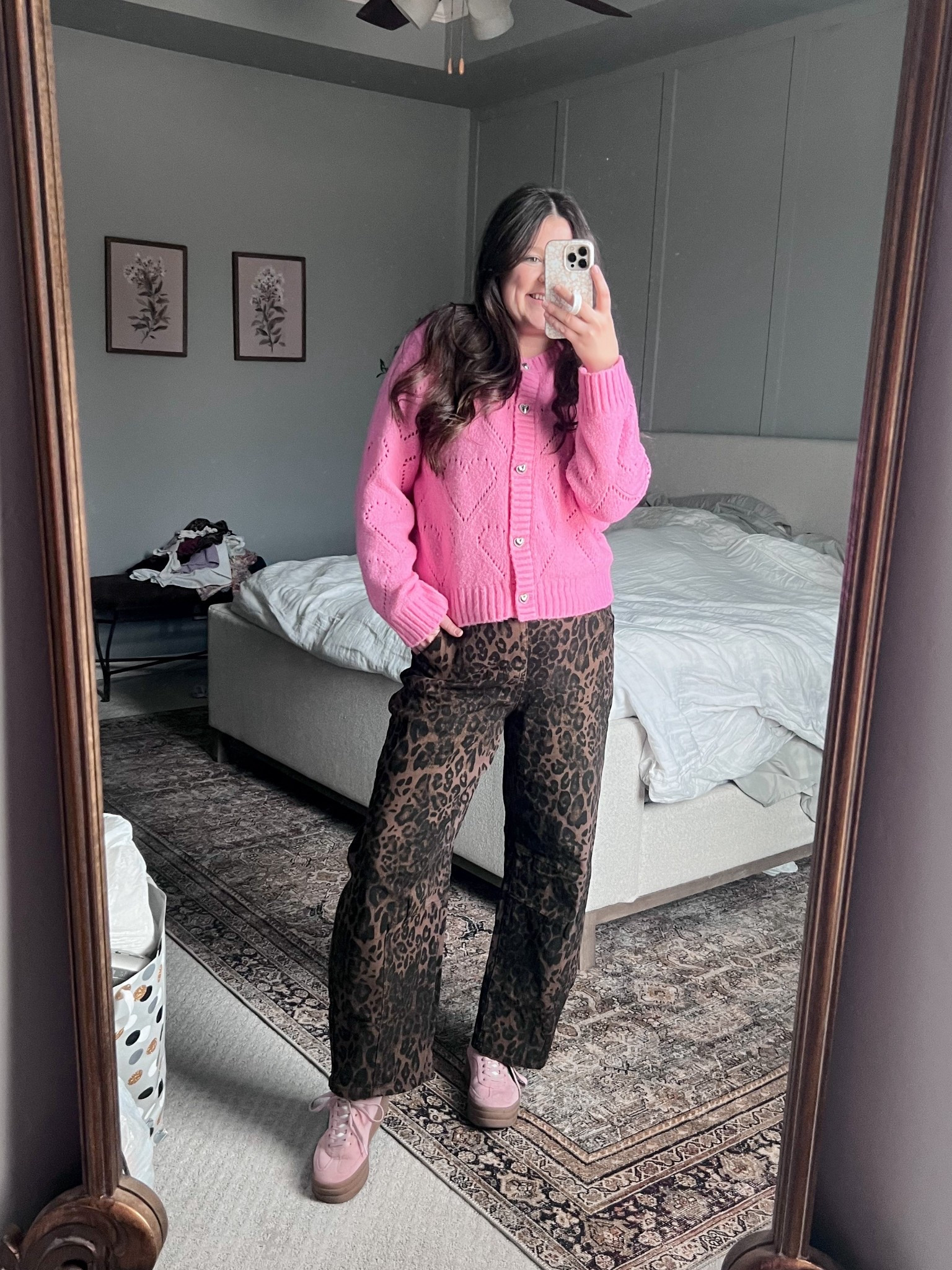 Leopard barrel jeans!! They have an elastic drawstring waist, function packets on the front & back, and are super flattering. Wearing size M, TTS, but if in between, size up! 

Pink heart sweater cardigan is from Ross and I can’t find a link so I’m linking some other cute pink sweaters I found! 

Pink sweater / pink cardigan / valentines outfit / valentines sweater / pink hearts / leopard pants / leopard outfit / leopard print / leopard jeans / leopard barrel jeans / Amazon jeans / Amazon style / teacher outfit / mom outfit / mom style / working mom / pink shoes / mom workwear / mom work outfit 

#LTKWorkwear #LTKmomlife #LTKootd
