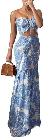 CHICME Floral Printed Prom Dress Tie Ruched Shirred Bandeau Party Dress Slim Fit Ruffle Hem Vacat... | Amazon (US)