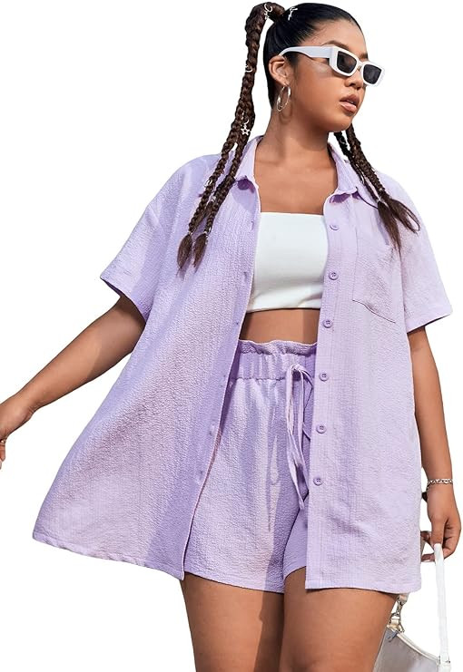 Womens 2 Piece Linen Sets, Blouse and Shorts Set for Women Stripe Shirt and Loose High Waisted Mi... | Amazon (US)