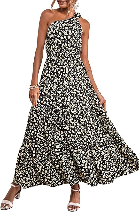 Amazon.com: PRETTYGARDEN Women's Summer Floral Dress One Shoulder Sleeveless Knot Ruffled Hem Flo... | Amazon (US)