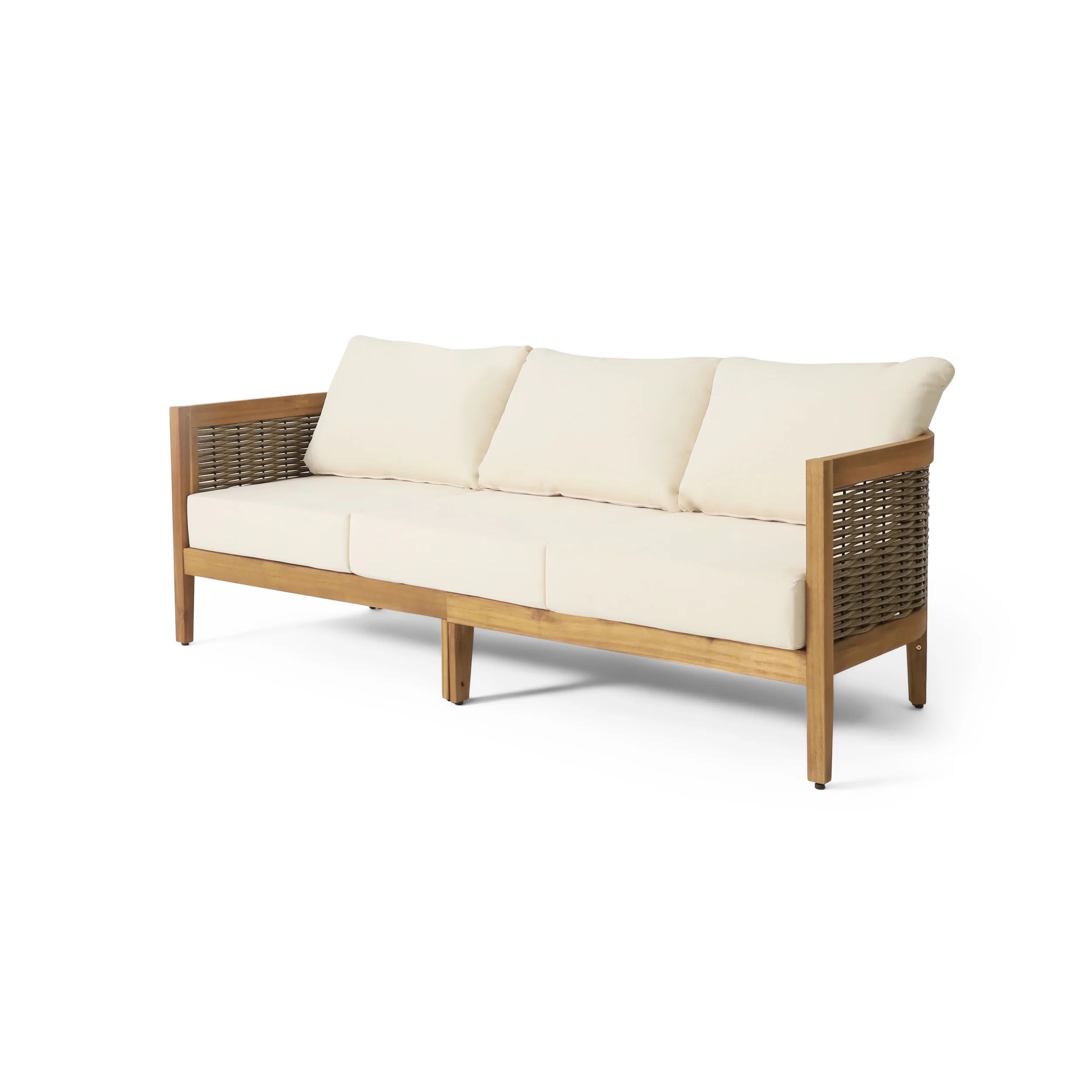 GDF Studio The Crowne Collection Outdoor Acacia Wood and Round Wicker 3 Seater Sofa with Cushions... | Walmart (US)