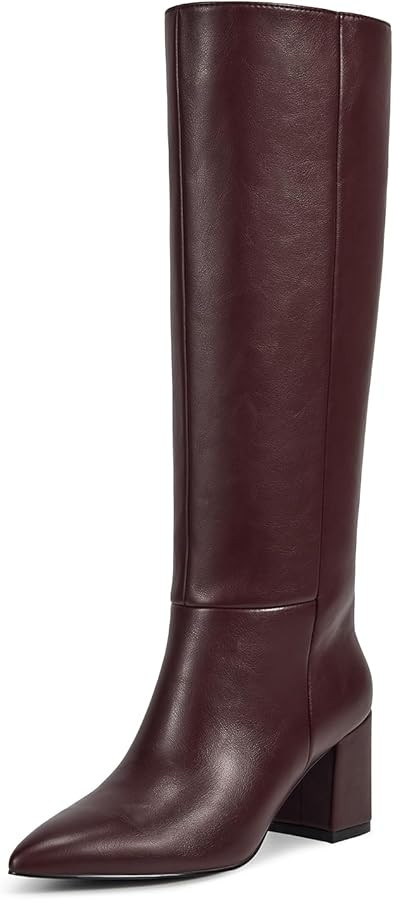 wetkiss Low Heel Knee High Boots for Women Regular Calf Friendly Side Zipper Almond Toe Faux Leat... | Amazon (US)