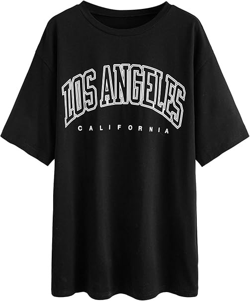 SheIn Women's Novelty Letter Graphic Oversized Drop Shoulder Longline Tee Tshirts | Amazon (US)