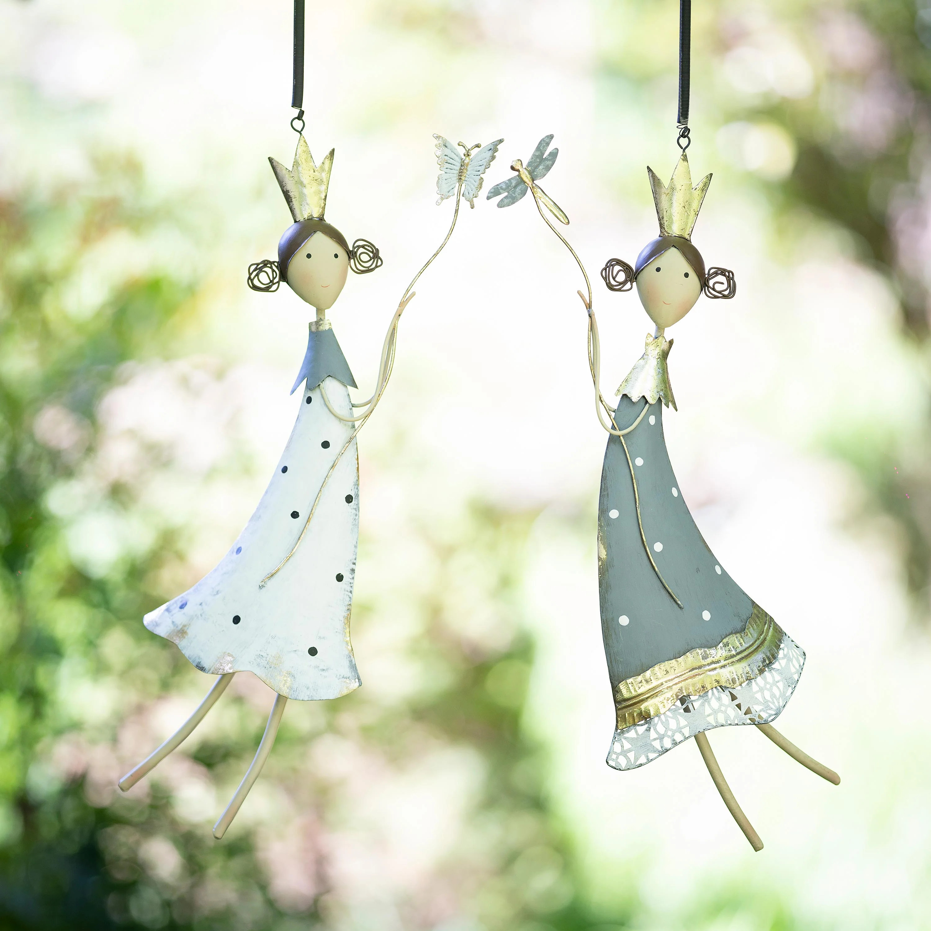 Garden of Wonder Outdoor Hanging Décor, Hand-Painted Metal, Fairies with Bugs, Set of 2 | Plow & Hearth