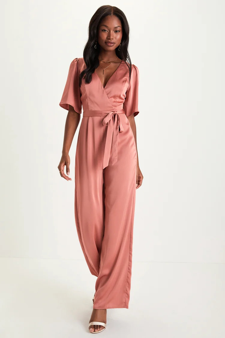 Fabulous Class Rusty Rose Satin Short Sleeve Wide-Leg Jumpsuit | Lulus