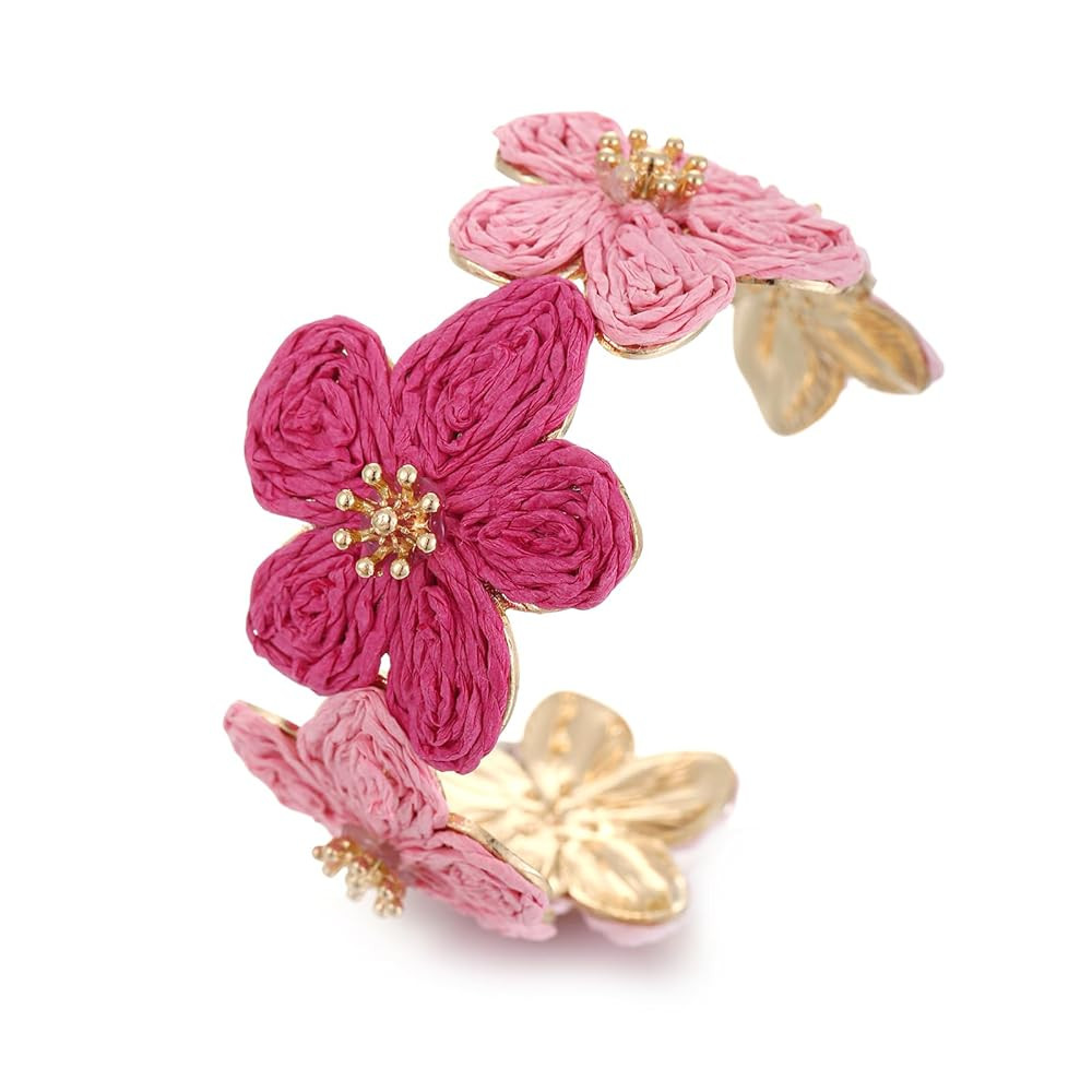Raffia Flower Cuff Bracelet for Women, Floral Chunky Bangle Wide Open Cuff Statement Bracelet | Amazon (US)
