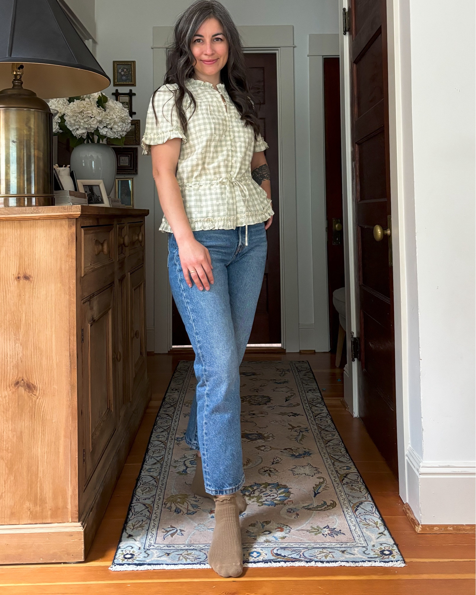 Fit check, peplum shirt, gingham shirt, embroidered shirt, leopard shoes, Levi’s, cropped jeans, French girl, Sézane 

#LTKBeauty #LTKStyleTip #LTKPetite