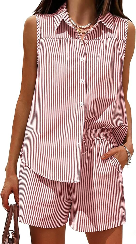 EXLURA Women's Summer 2 Piece Outfits Cotton Sleeveless Button Down Shirts Matching Shorts Sets C... | Amazon (US)