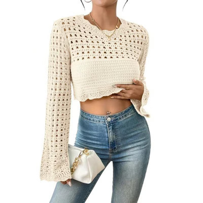 Coolmee Women's Crochet Crop Top Sexy Long Sleeve See Through Hollow Out Short Knitwear Beige XL | Target