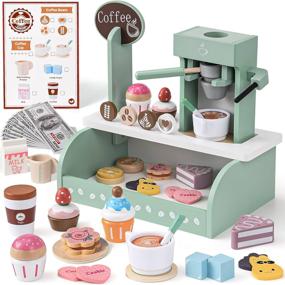 Toyssa Wooden Coffee Maker Playset for Kids 3 4 5, Pretend Play Food Toys for Toddlers with Desse... | Amazon (US)