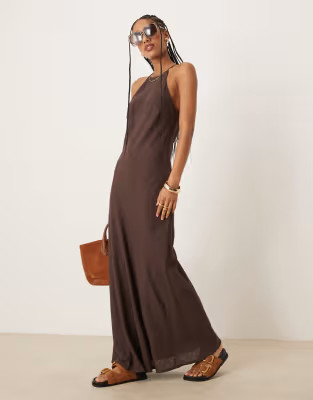 ASOS DESIGN linen racer maxi sundress in bitter chocolate | ASOS (Global)