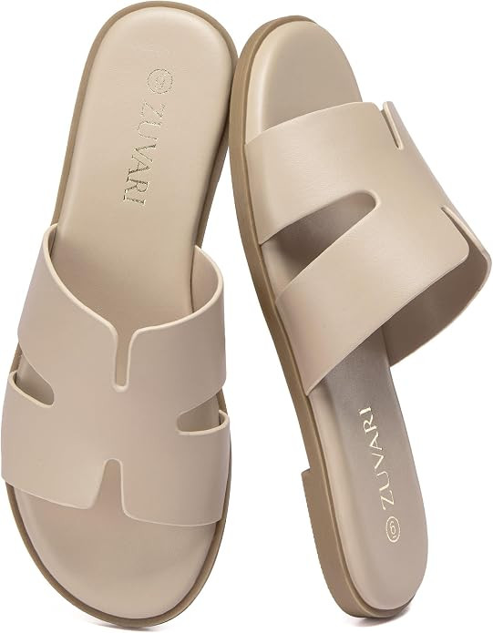 Women's Flat Sandals Open Toe Leather Slippers for Summer Slip On Beach Mules Dressy Comfortable ... | Amazon (US)