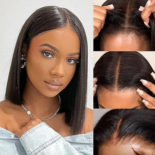 Wear and Go Glueless Bob Wigs Human Hair Pre Plucked Natural Hairline Straight Short Bob Wig 180 Density 4x4 HD Lace Closure Wig Human Hair for Women Brazilian Virgin Hair Natural Black 12 Inch | Amazon (US)