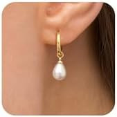 Robaice Gold Pearl Dangle Earrings for Women, 14K Gold Plated Small Pearl Drop Huggie Hoop Earrin... | Amazon (US)